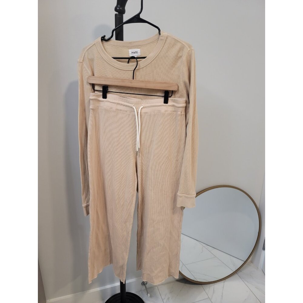 MATE The Label Spencer Thermal Top &  Pants Set Latte Women's Size L Beige